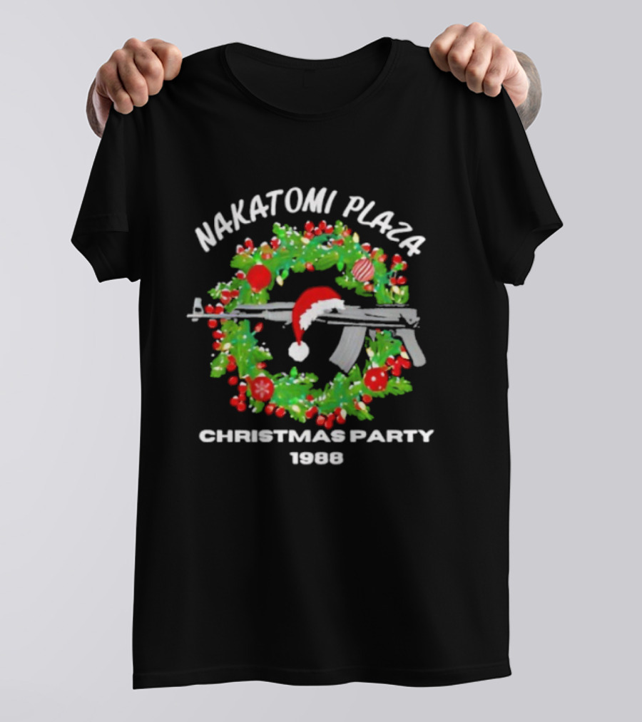 Nakatomi Plaza Christmas Party 1988 Wreath Rifle Santa Hat T-Shirt