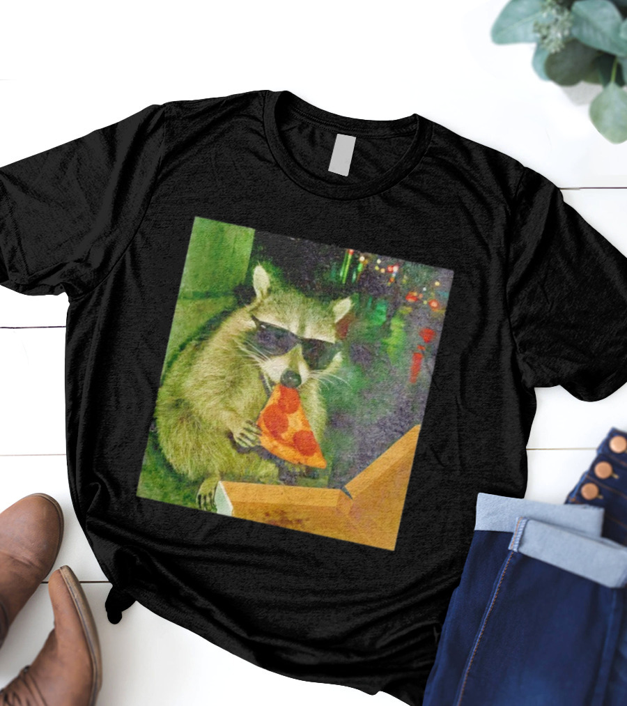 Raccoon Wearing Sunglasses Eating Pepperoni Pizza T-Shirt