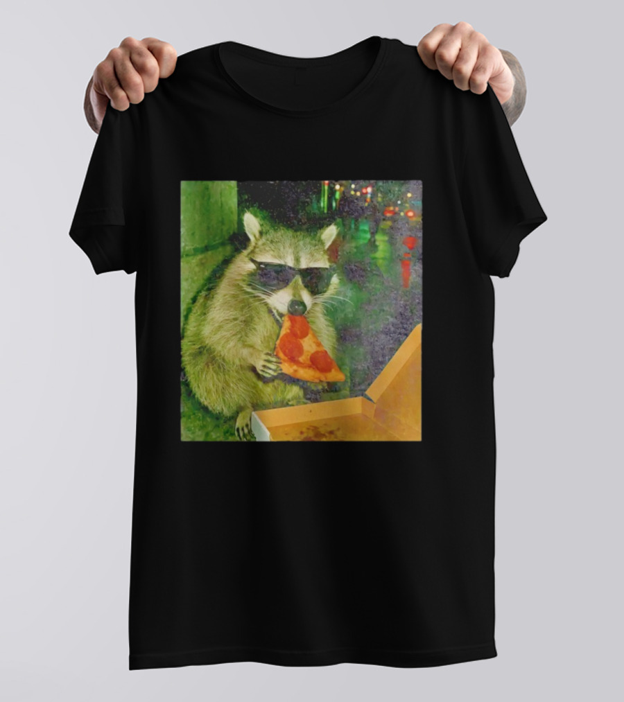 Raccoon Wearing Sunglasses Eating Pepperoni Pizza T-Shirt