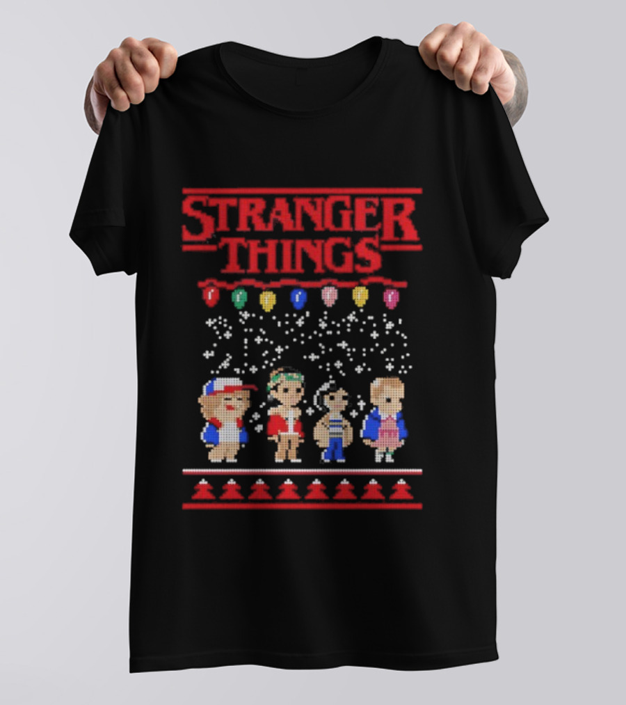 Stranger Things Christmas Characters Pixel Art Holiday Sweater Theme T-Shirt