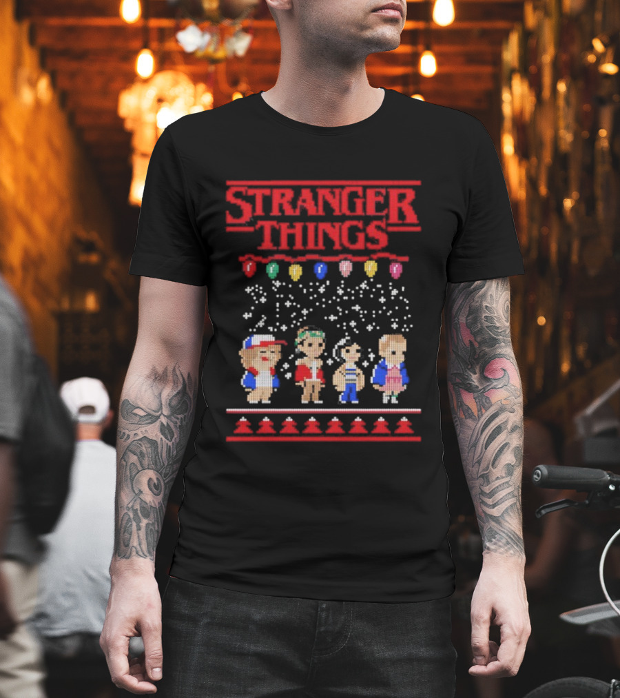 Stranger Things Christmas Characters Pixel Art Holiday Sweater Theme T-Shirt