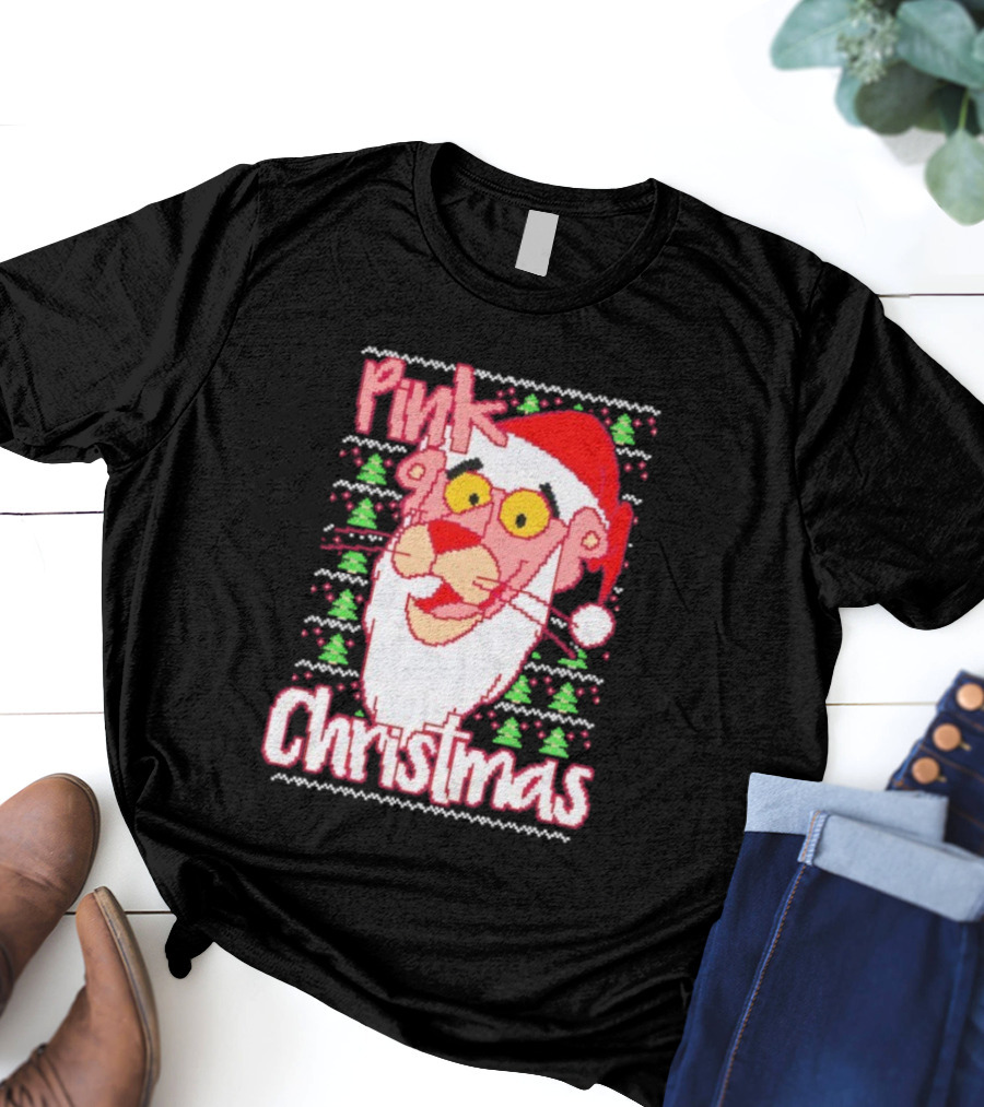 Pink Christmas Ugly Sweater Santa Hat Pink Panther T-Shirt
