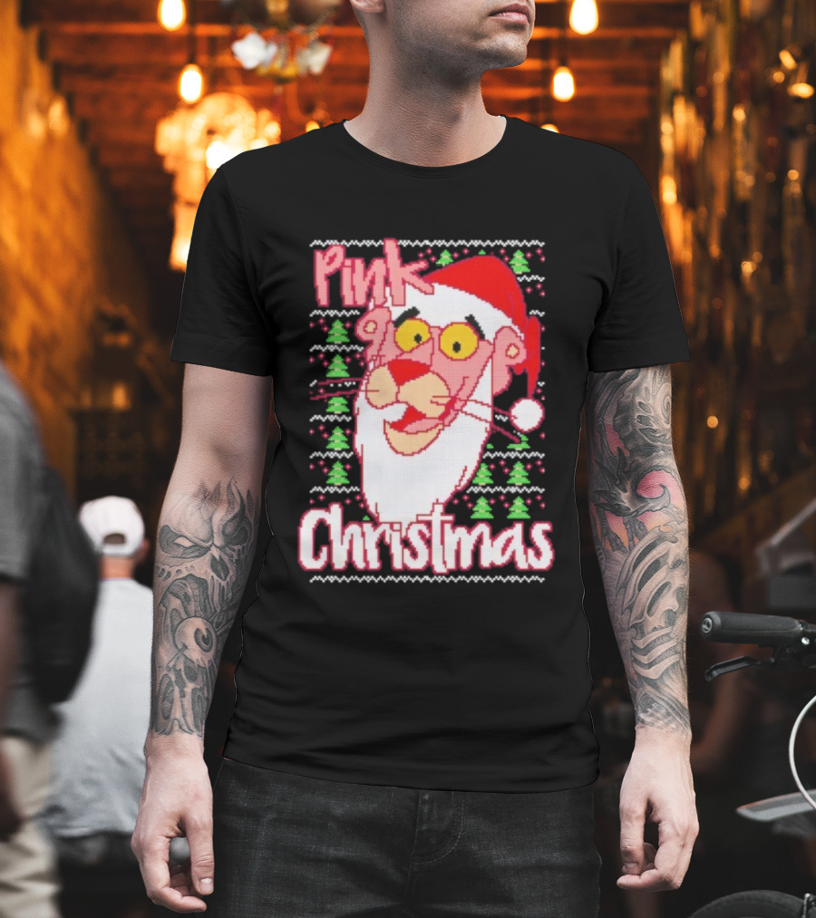 Pink Christmas Ugly Sweater Santa Hat Pink Panther T-Shirt