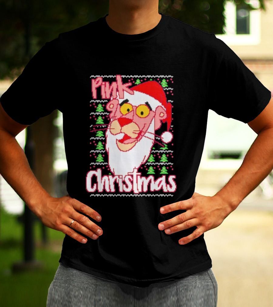 Pink Christmas Ugly Sweater Santa Hat Pink Panther T-Shirt