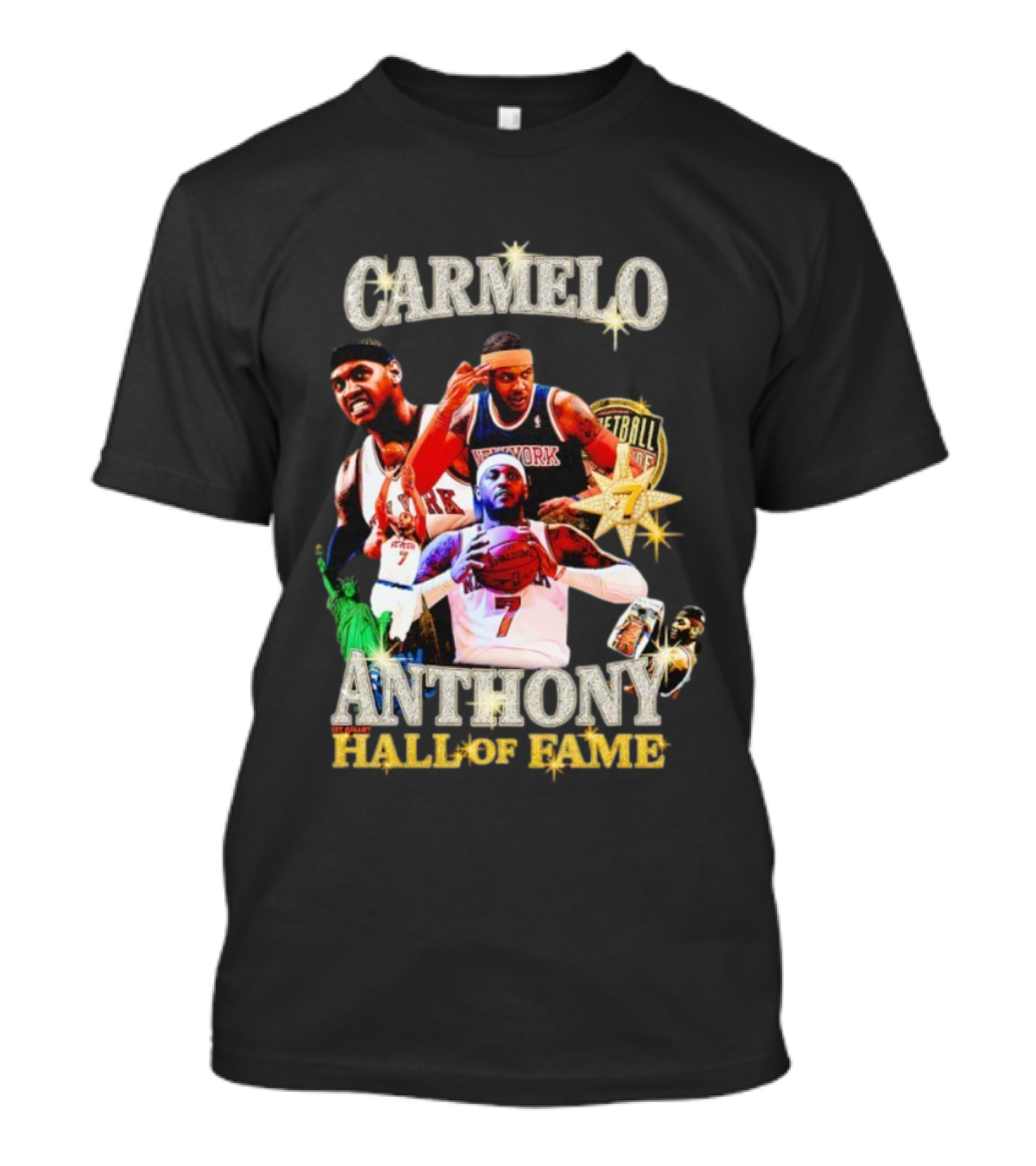 Carmelo Anthony Hall Of Fame New York Knicks Basketball Legend Statue Of Liberty 7 Star Player T-Shirt