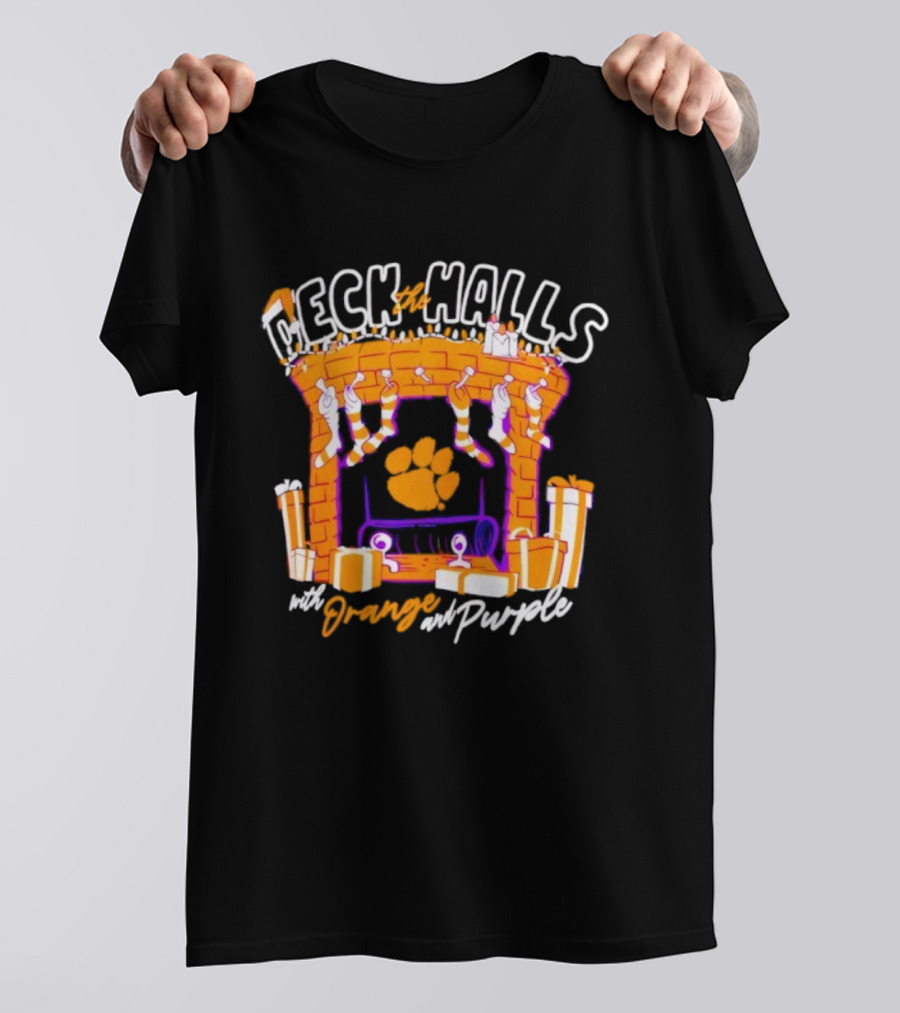 Clemson Tigers Deck The Halls With Orange And Purple Christmas Fireplace Stockings Gifts T-Shirt