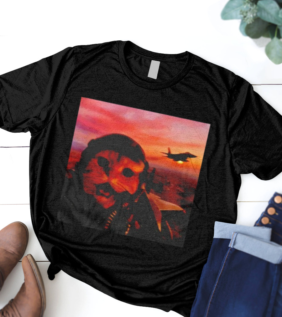 Funny Fighter Pilot Cat In Jet Helmet At Sunset With Jet Fighter T-Shirt