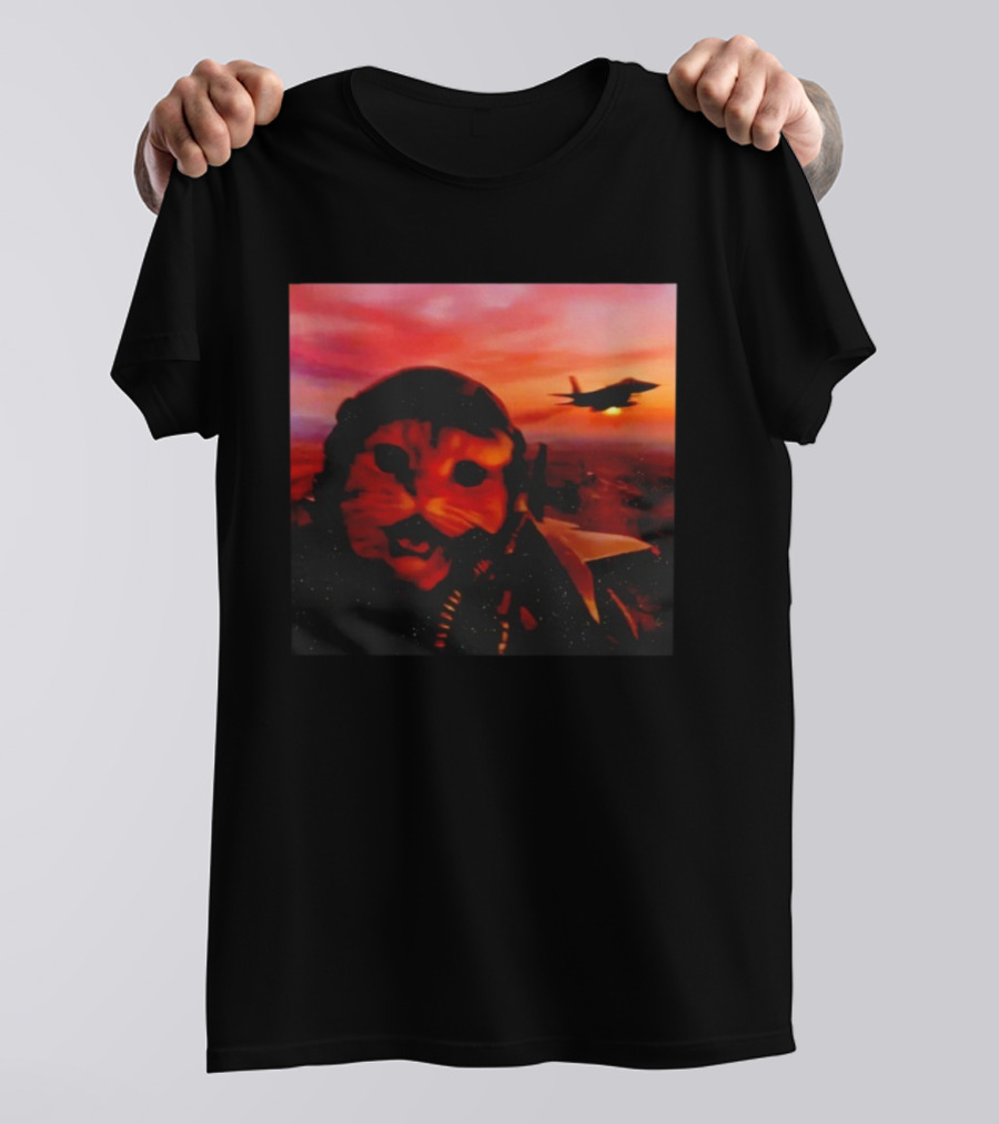 Funny Fighter Pilot Cat In Jet Helmet At Sunset With Jet Fighter T-Shirt