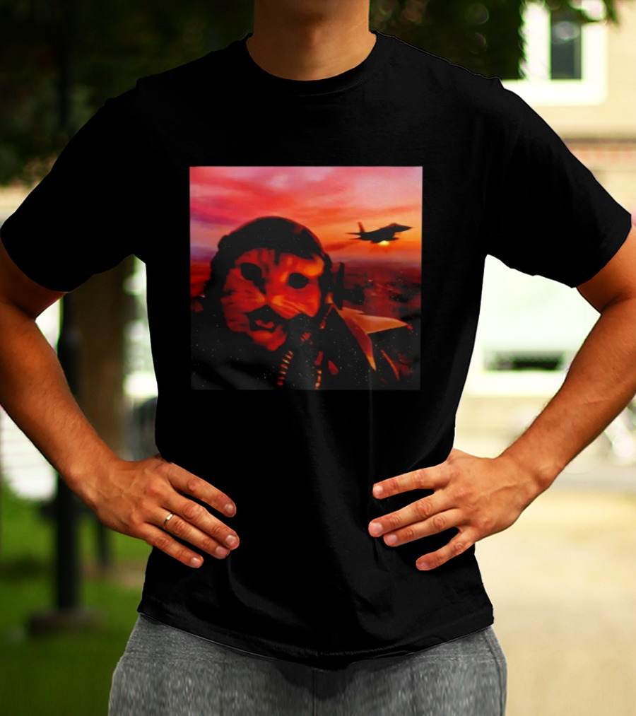 Funny Fighter Pilot Cat In Jet Helmet At Sunset With Jet Fighter T-Shirt