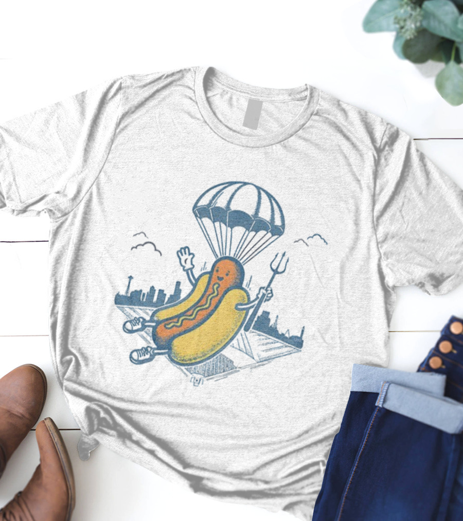 Seattle Baseball Hot Dogs From Heaven Parachuting Skyline T-Shirt