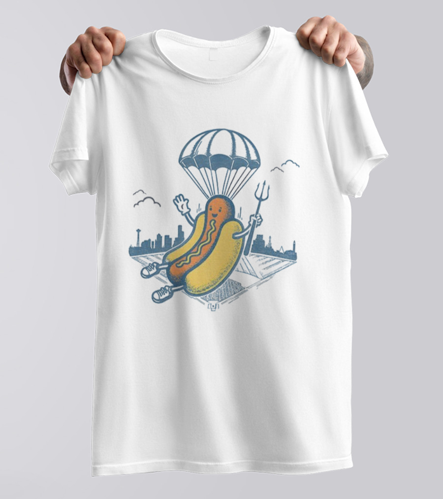 Seattle Baseball Hot Dogs From Heaven Parachuting Skyline T-Shirt