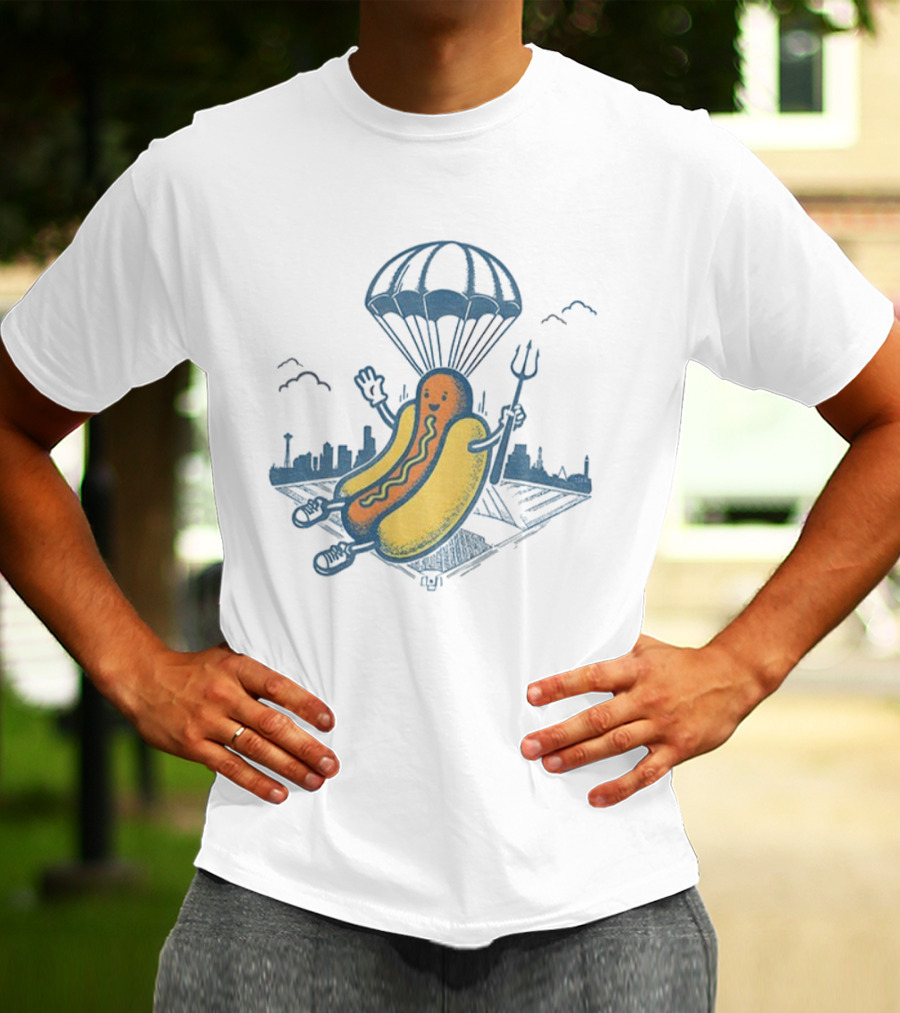 Seattle Baseball Hot Dogs From Heaven Parachuting Skyline T-Shirt