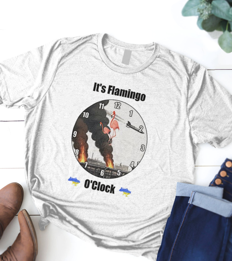 Flamingo O’clock Flamingos On Face With Plane And Fire Imagery T-Shirt