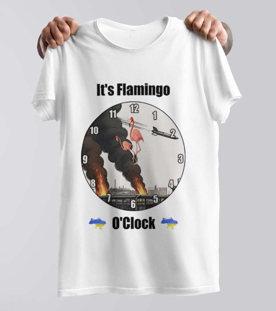 Flamingo O’clock Flamingos On Face With Plane And Fire Imagery T-Shirt