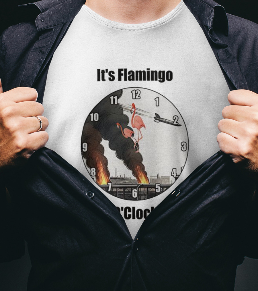 Flamingo O’clock Flamingos On Face With Plane And Fire Imagery T-Shirt