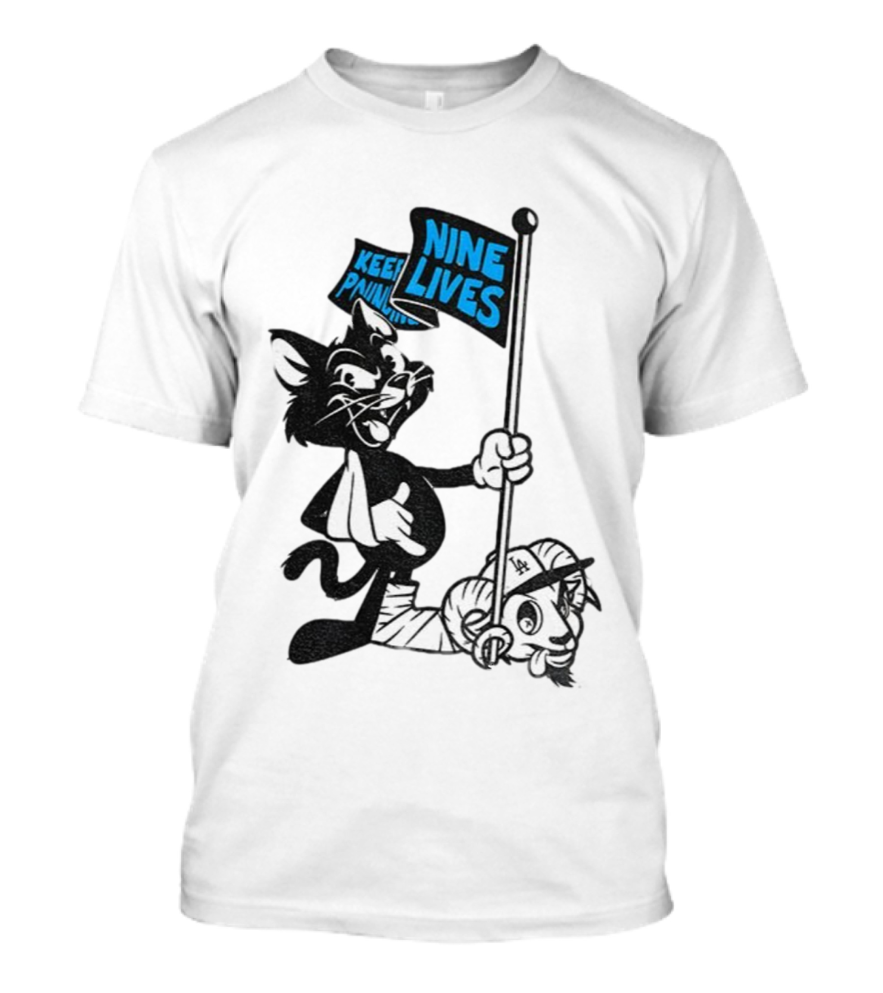 Roaring Riot Nine Lives Keep Pounding Carolina Panthers Beat LA Dodgers Goat T-Shirt