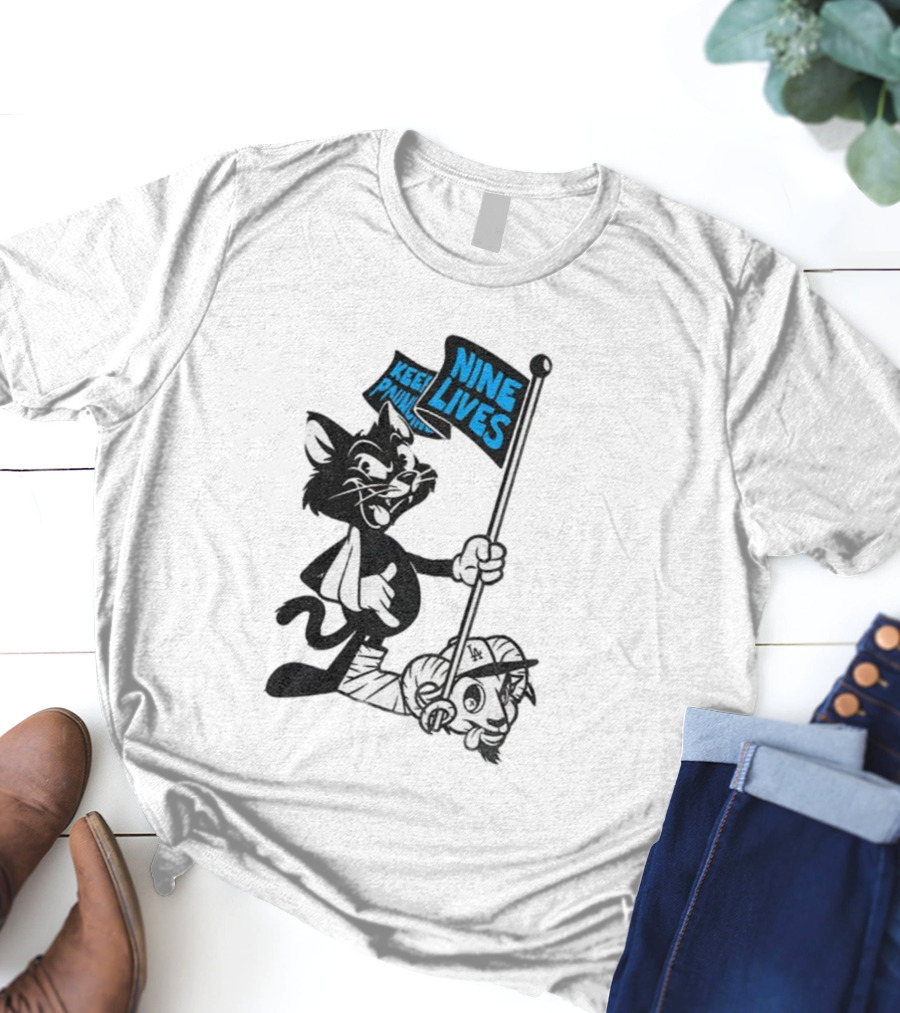 Roaring Riot Nine Lives Keep Pounding Carolina Panthers Beat LA Dodgers Goat T-Shirt