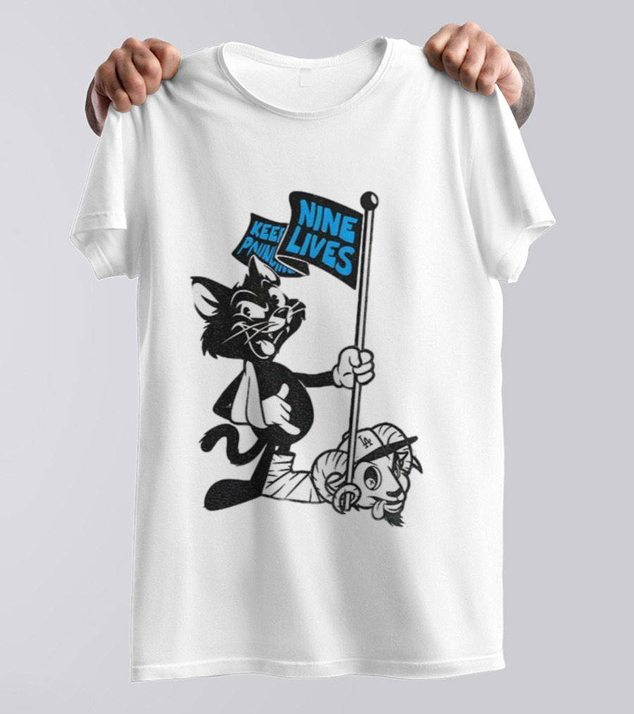 Roaring Riot Nine Lives Keep Pounding Carolina Panthers Beat LA Dodgers Goat T-Shirt