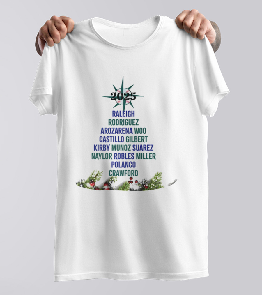 Seattle Mariners Player Names Christmas Tree 2025 Holiday Raleigh Rodriguez Francearlorosscho Suarezeuloogliebsby T-Shirt