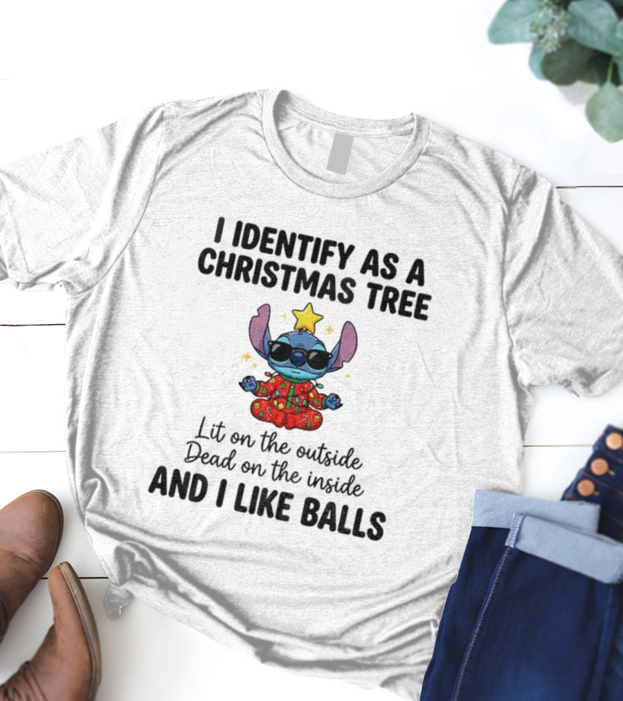 Stitch I Identify As A Christmas Tree Lit On The Outside Dead On The Inside And I Like Balls Christmas Pajama Star Glasses T-Shirt