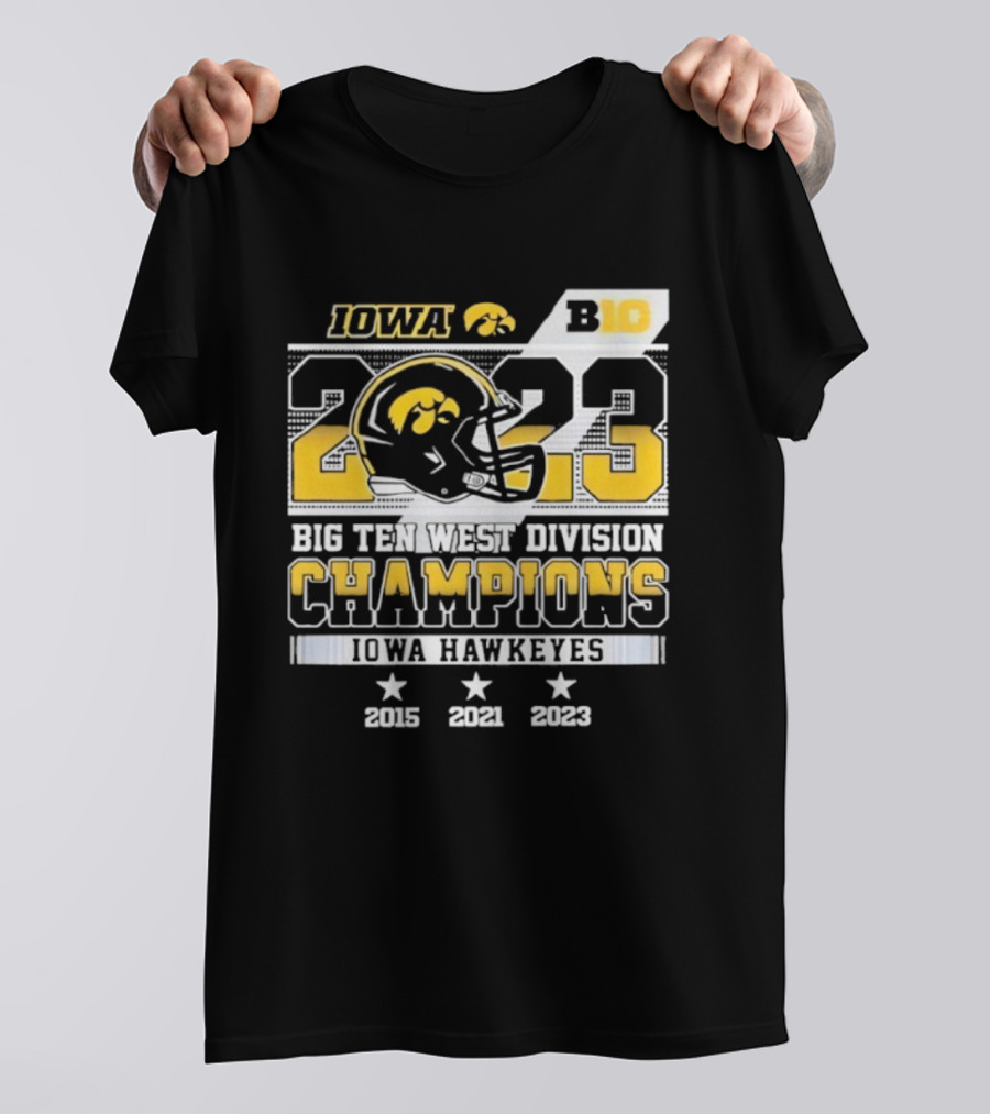 Iowa Hawkeyes Big Ten West Division Champions 2023 Helmet Logo With 2015 2021 Titles T-Shirt