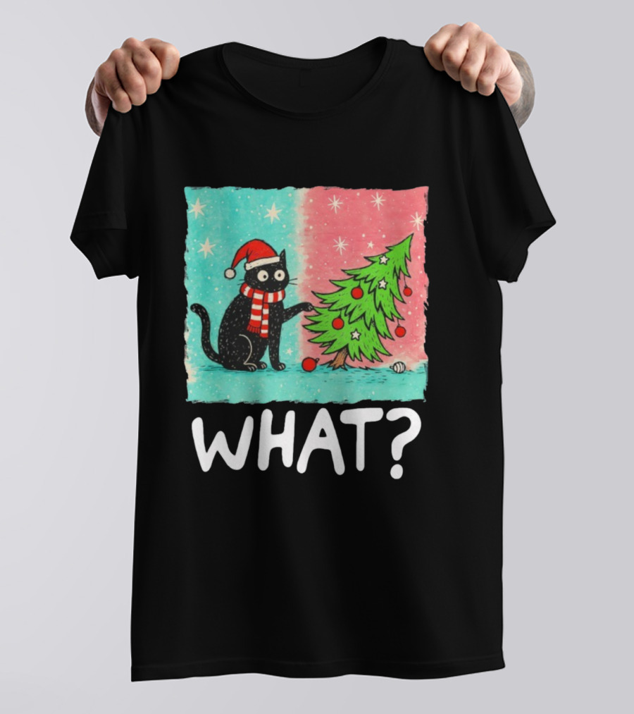 Black Cat Santa Hat Pushing Christmas Tree What T-Shirt