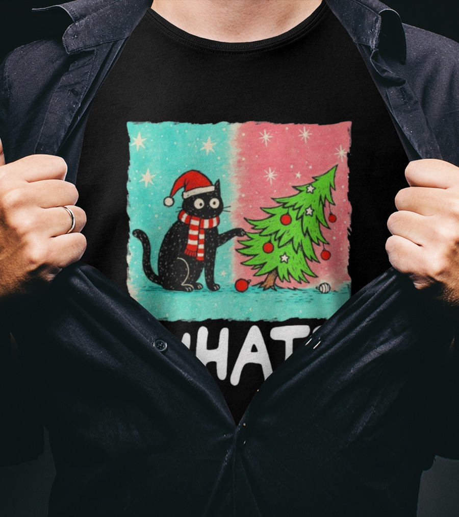 Black Cat Santa Hat Pushing Christmas Tree What T-Shirt