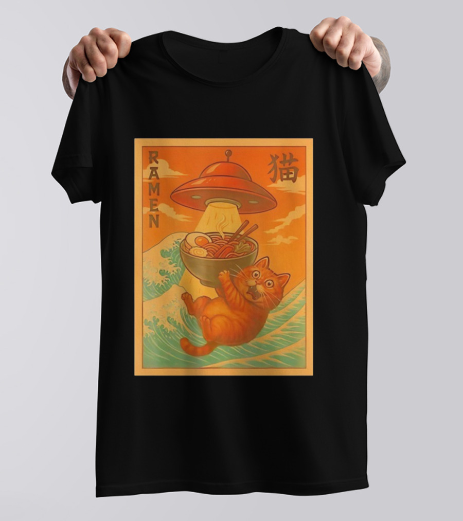 Ramen Cat UFO Funny Japanese Anime Retro Wave Scene T-Shirt