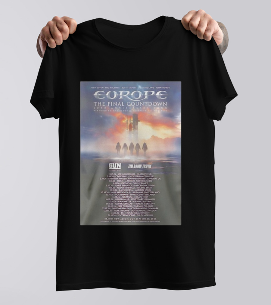 Europe The Final Countdown 40th Anniversary Tour 2026 Featuring Gun And The Damn Truth Live Performances And New Album Release Dates T-Shirt