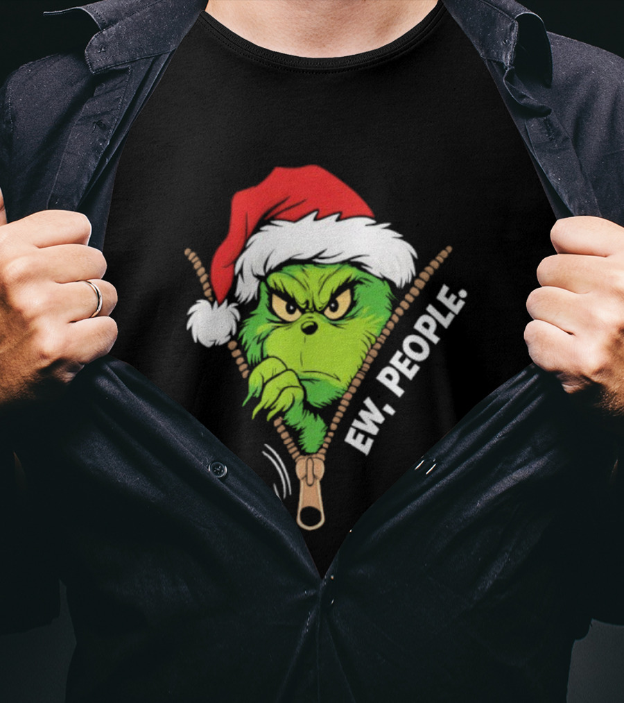 Grinch Ew People Christmas Green Monster Santa Hat T-Shirt