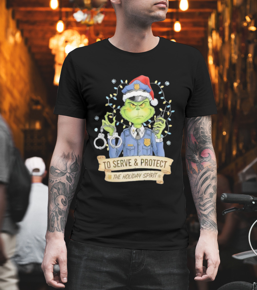Grinch Police To Serve Protect Holiday Spirit Christmas Lights Handcuffs T-Shirt
