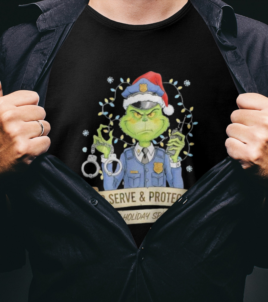 Grinch Police To Serve Protect Holiday Spirit Christmas Lights Handcuffs T-Shirt