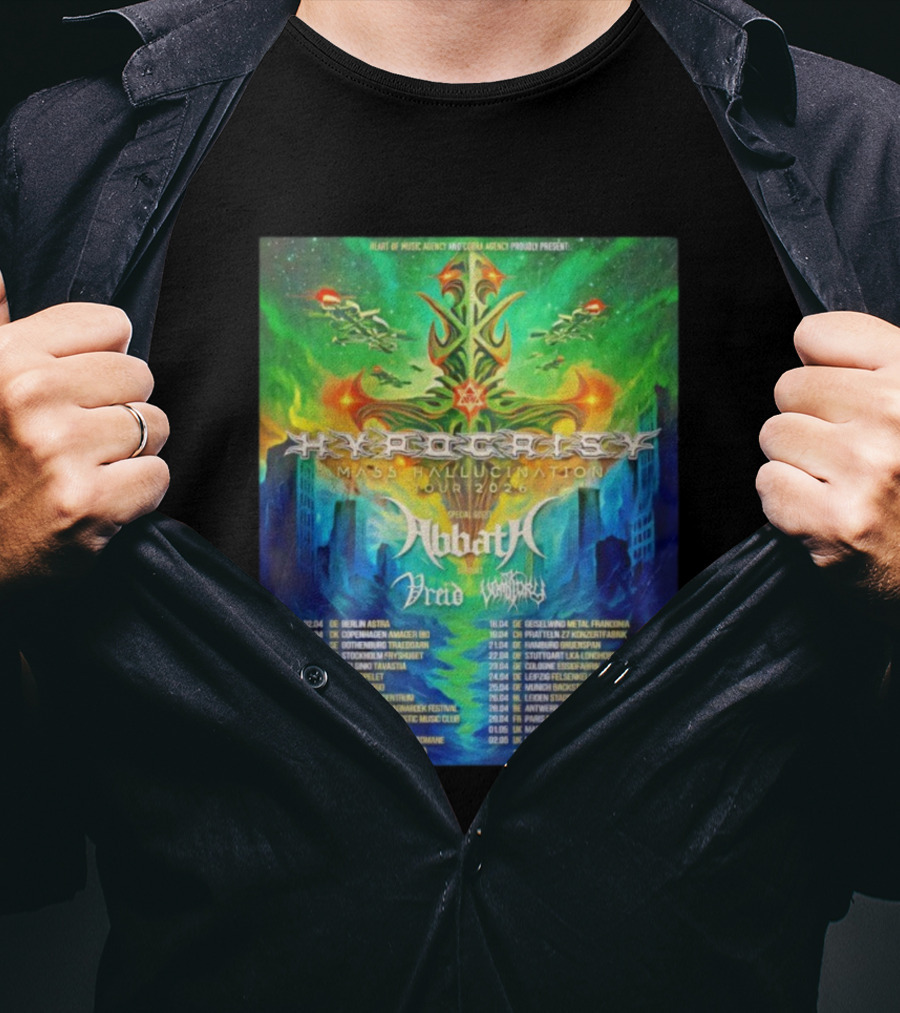 Hypocrisy Mass Hallucination Tour 2026 Special Guests Abbath Vreid Watain Concert Locations T-Shirt