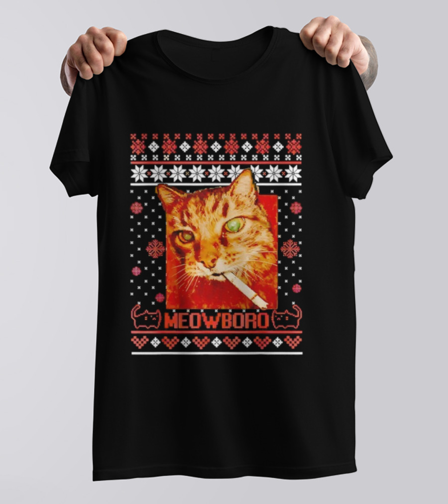 Meowboro Smoking Cat Christmas Ugly Funny Holiday T-Shirt