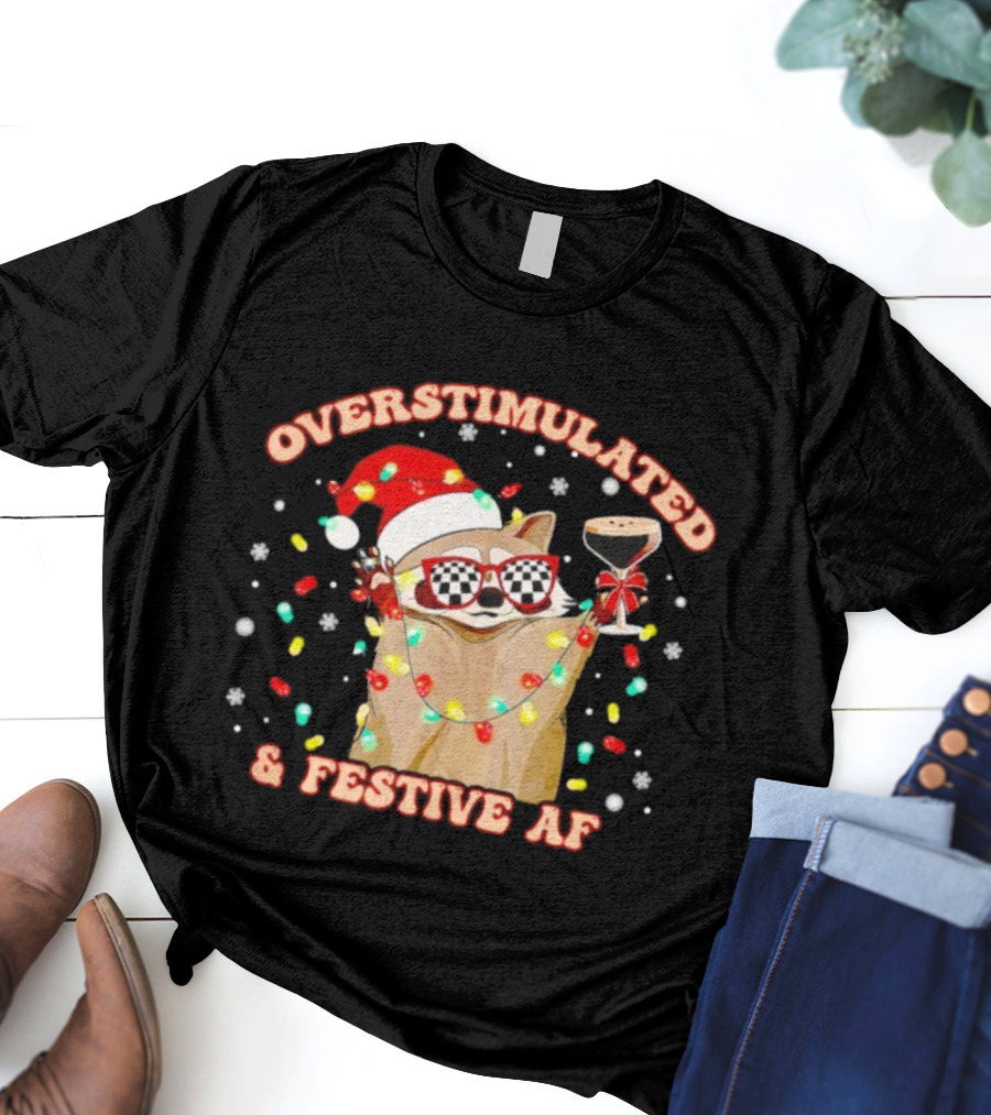 Overstimulated Raccoon Santa Hat And Festive Lights Holding Holiday Drink T-Shirt