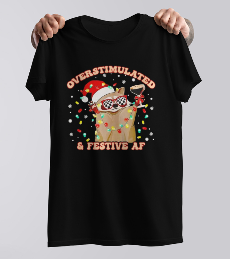 Overstimulated Raccoon Santa Hat And Festive Lights Holding Holiday Drink T-Shirt