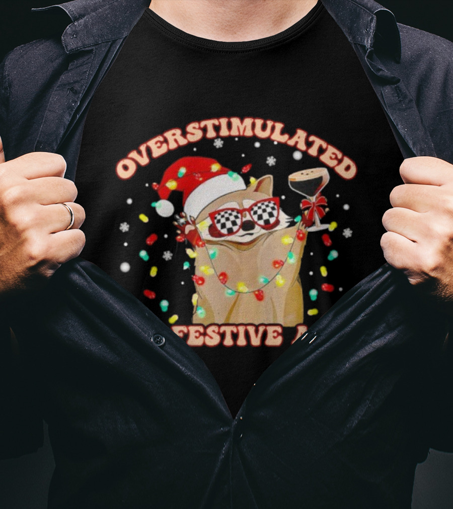 Overstimulated Raccoon Santa Hat And Festive Lights Holding Holiday Drink T-Shirt