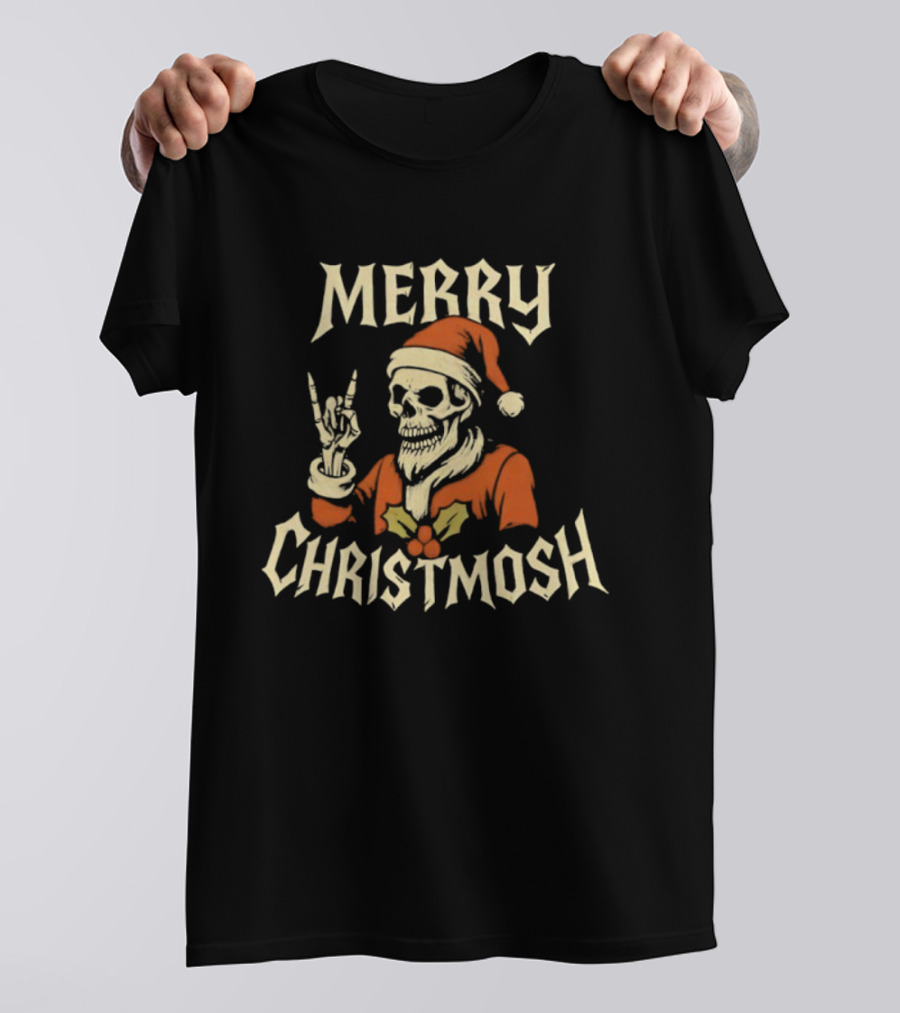 Santa Skeleton Rock And Roll Hand Merry Christmosh Christmas T-Shirt