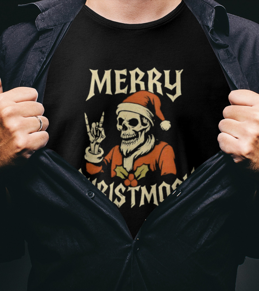 Santa Skeleton Rock And Roll Hand Merry Christmosh Christmas T-Shirt