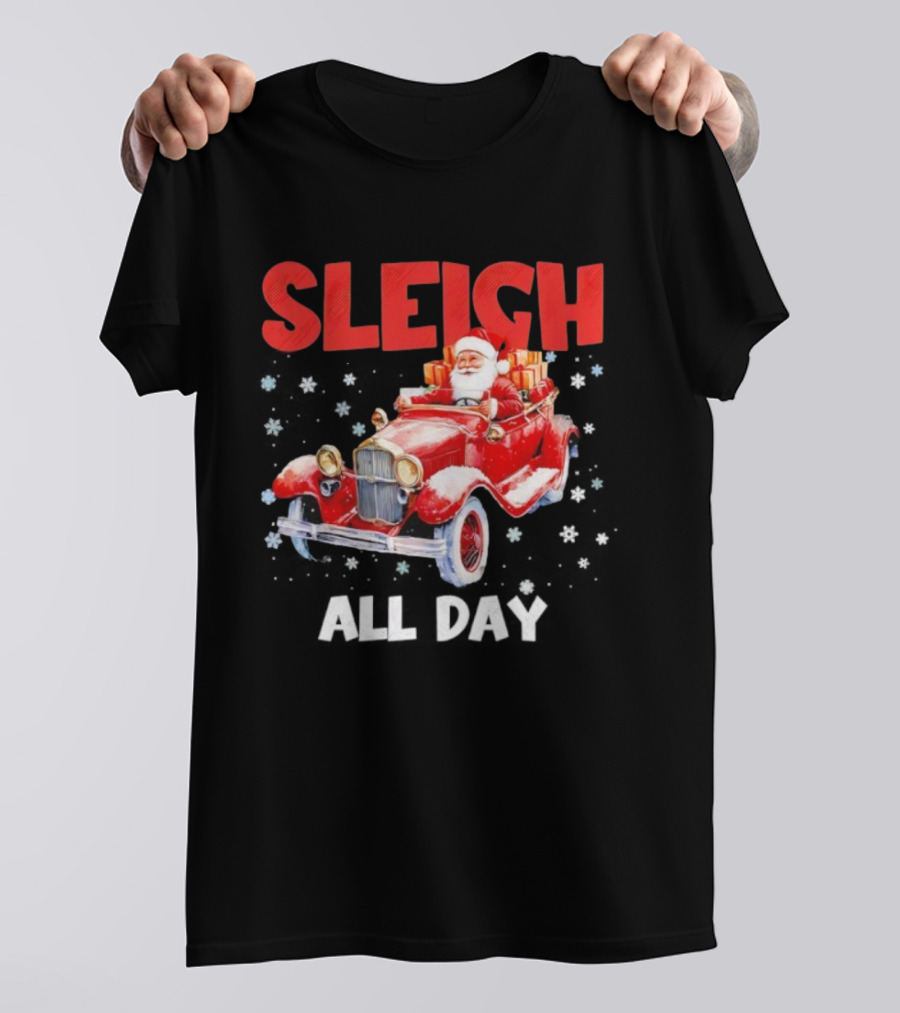 Sleigh Santa Claus Driving Vintage Car Merry Christmas T-Shirt