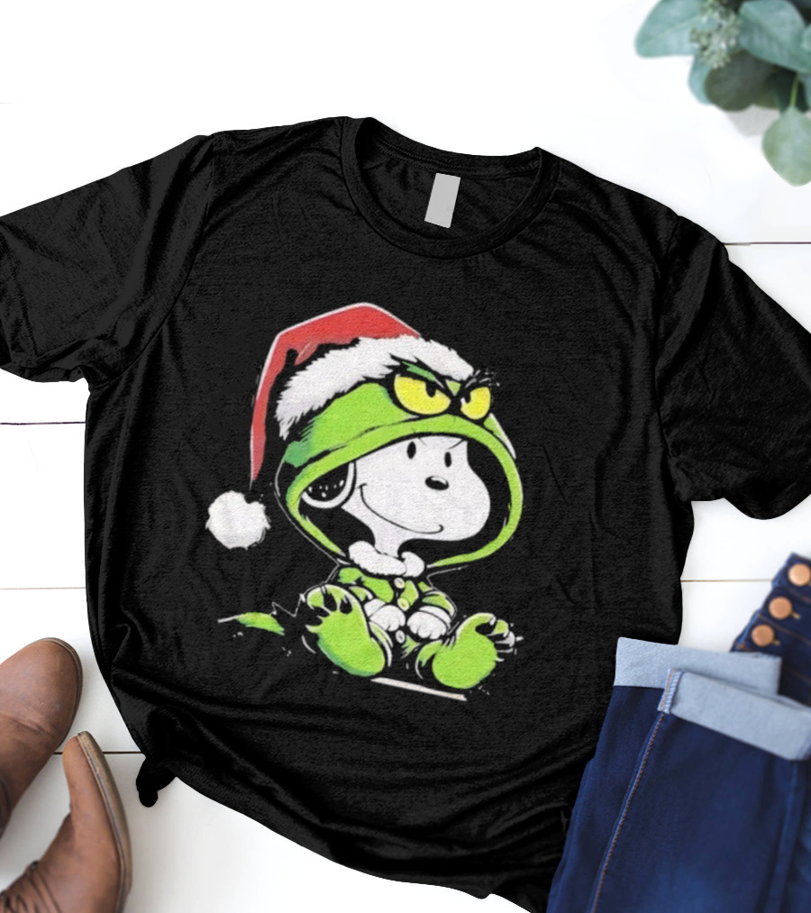 Snoopy Grinch Christmas Santa Hat Character Crossover T-Shirt