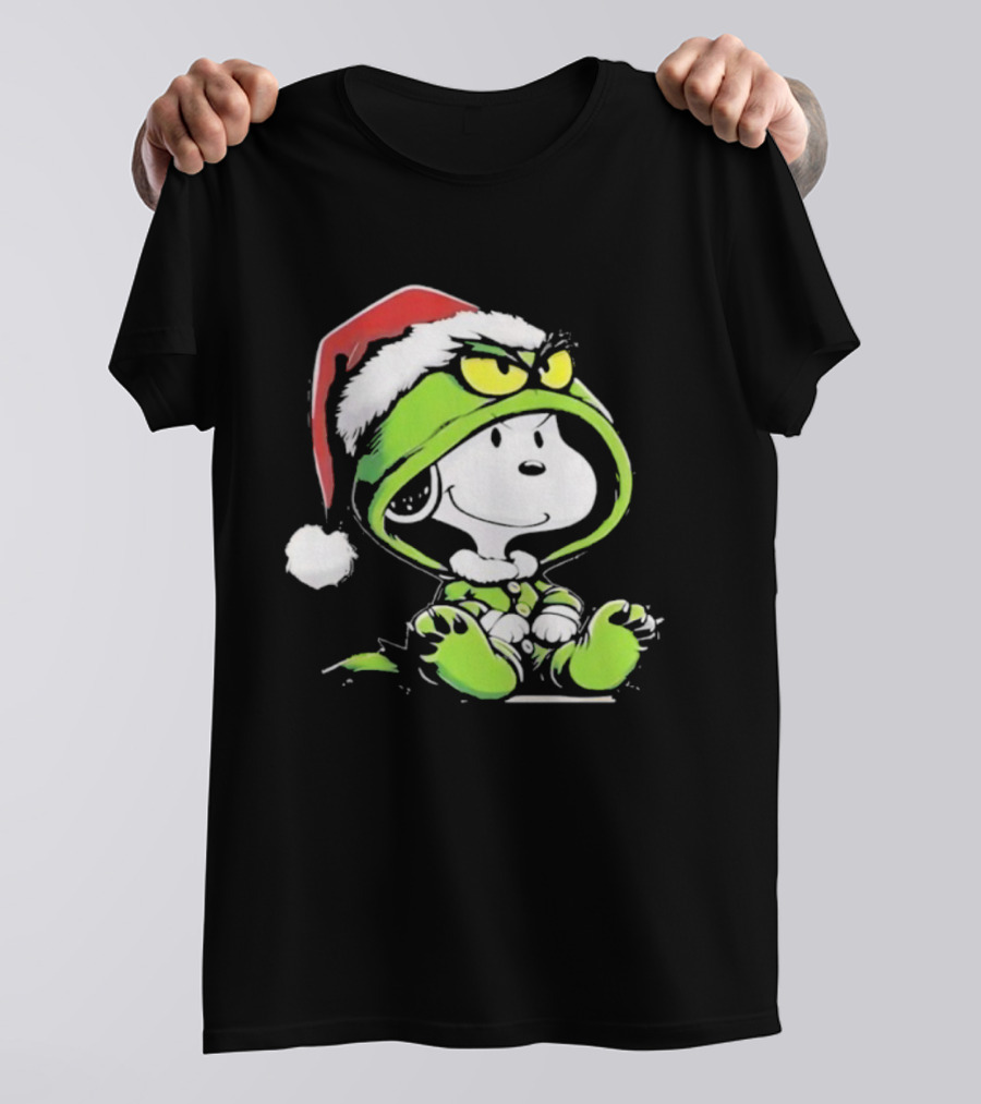 Snoopy Grinch Christmas Santa Hat Character Crossover T-Shirt