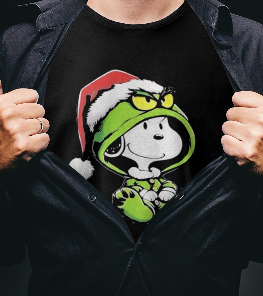 Snoopy Grinch Christmas Santa Hat Character Crossover T-Shirt