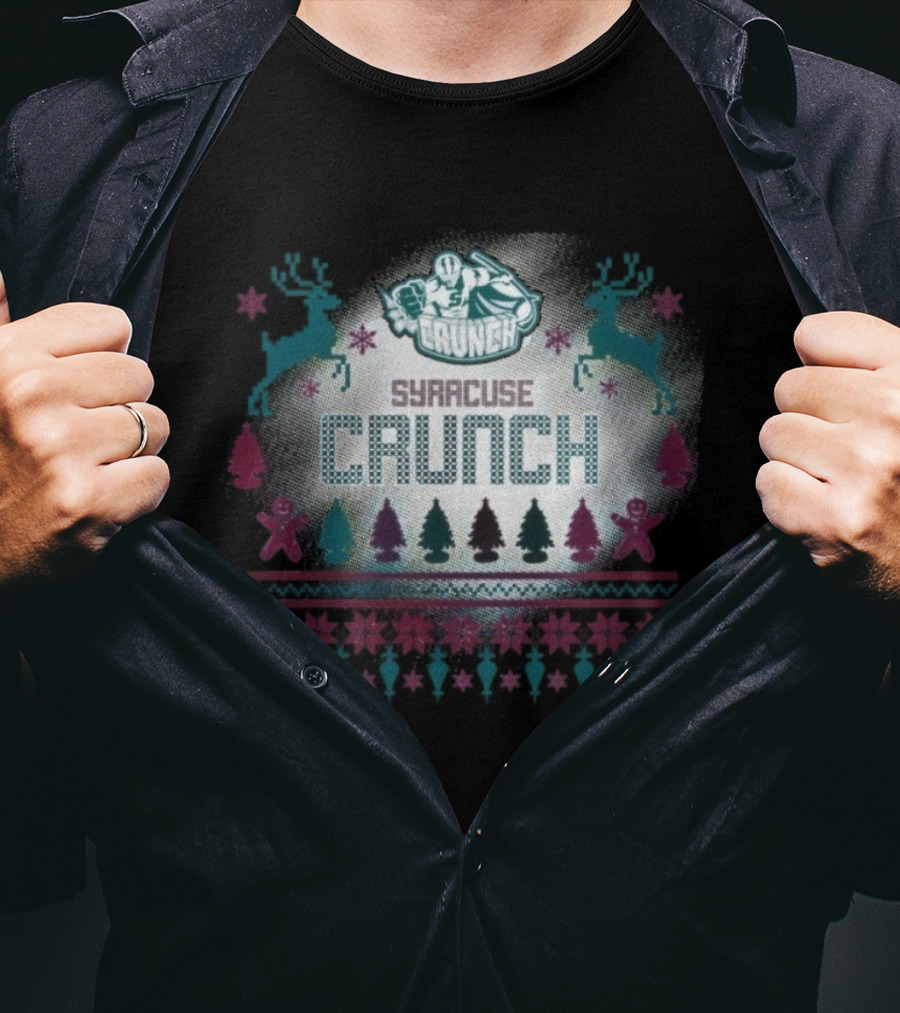 Syracuse Crunch Ugly Christmas Sweater Reindeer Gingerbread Trees T-Shirt