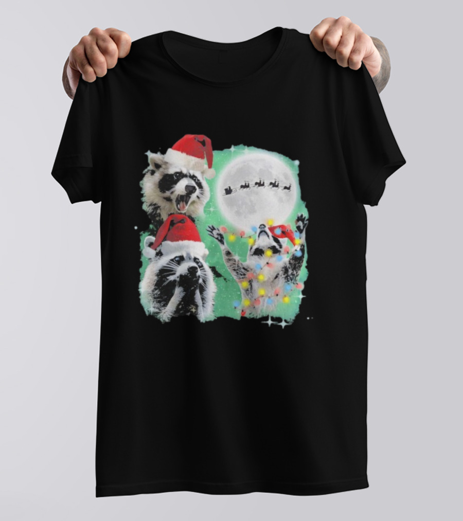 Three Raccoons Santa Hats Christmas Moon Lights Sleigh T-Shirt