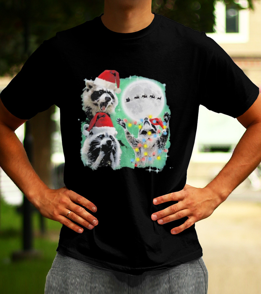 Three Raccoons Santa Hats Christmas Moon Lights Sleigh T-Shirt