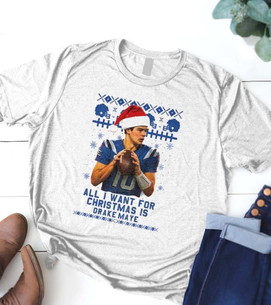 Drake Maye Santa Hat New England Patriots Football Christmas Wishes T-Shirt