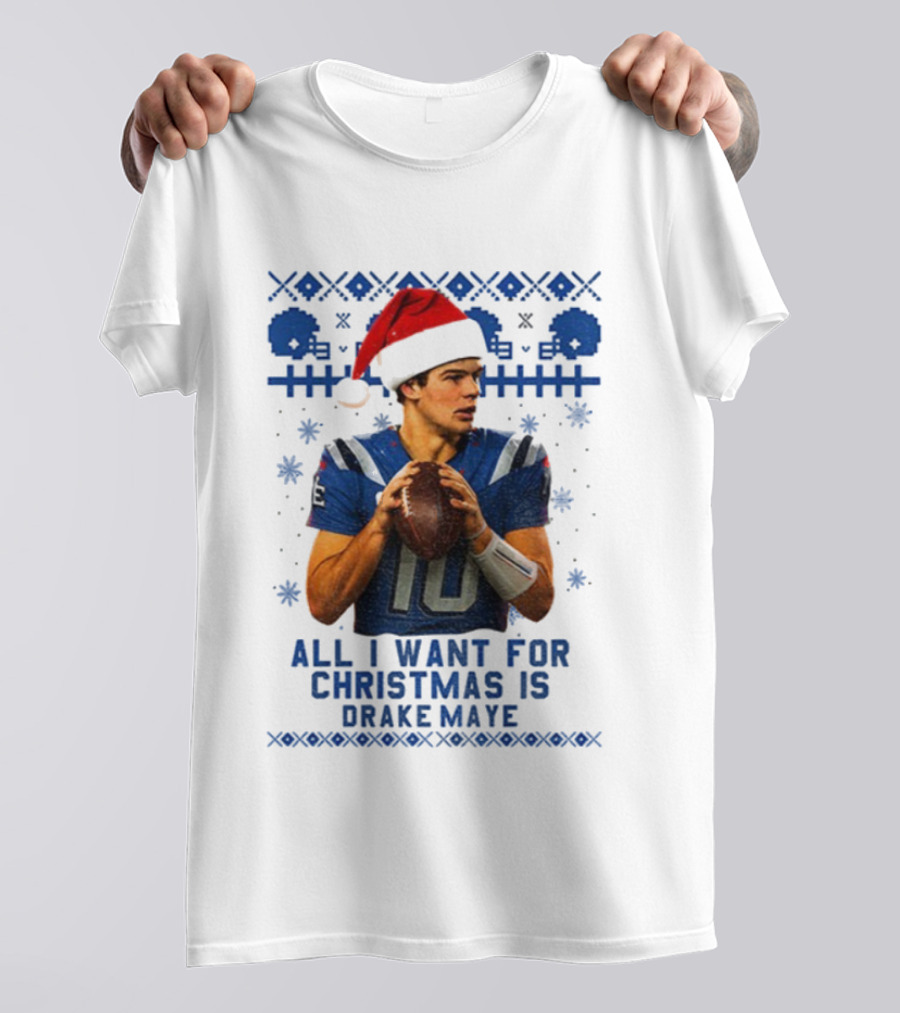 Drake Maye Santa Hat New England Patriots Football Christmas Wishes T-Shirt