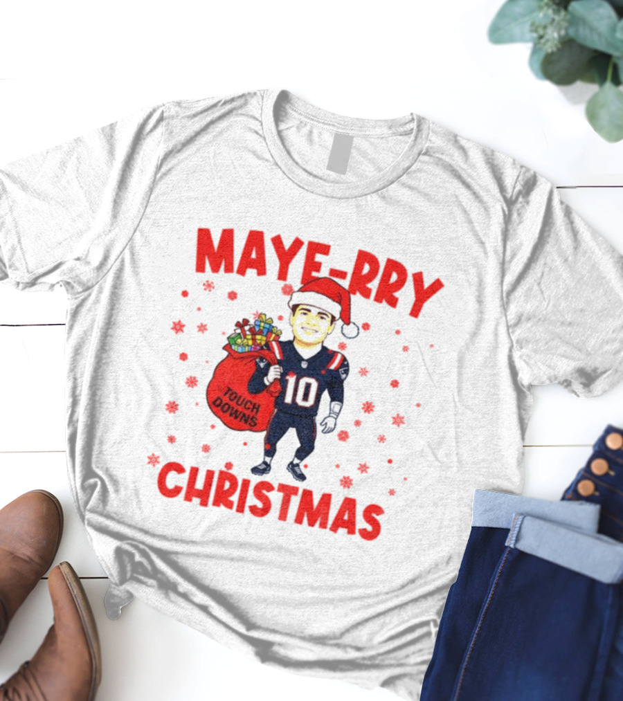 Maye-rry Christmas Drake Maye Santa Hat Touchdowns T-Shirt