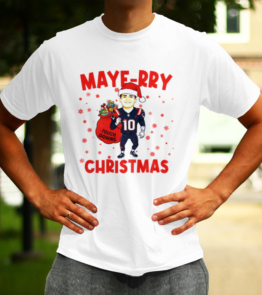 Maye-rry Christmas Drake Maye Santa Hat Touchdowns T-Shirt